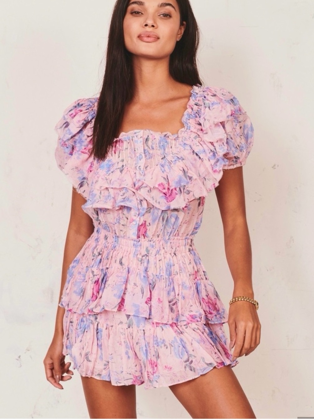 LoveShackFancy Pink Floral Ruffle Mini Dress